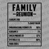 Black nutrition facts label design for a Family Reunion featuring laughs, embarrassing stories, and eye rolls DTF transfer ready to press.