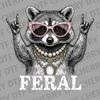 High-detail illustration of a raccoon wearing pink glitter sunglasses and pearl necklaces making a rock sign with the text FERAL DTF transfer ready to press.