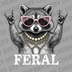 High-detail illustration of a raccoon wearing pink glitter sunglasses and pearl necklaces making a rock sign with the text FERAL DTF transfer ready to press.