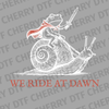 Vintage woodcut style illustration of a frog with a red cape and sword riding a snail with the text WE RIDE AT DAWN DTF transfer ready to press.