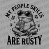 Vintage style illustration of a frog with sunglasses drinking from a straw with butterflies and text My People Skills Are Rusty DTF transfer ready to press.