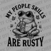 Vintage style illustration of a frog with sunglasses drinking from a straw with butterflies and text My People Skills Are Rusty DTF transfer ready to press.