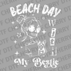 White ink illustration of a skeleton girl with sunglasses holding a small dog with text Beach Day With My Bestie DTF transfer ready to press.