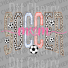 Soccer Mom text with leopard print, soccer ball patterns, and pink script DTF transfer ready to press.
