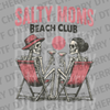 Illustration of two skeletons in beach chairs holding cocktails with pink text Salty Moms Beach Club DTF transfer ready to press.