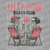 Illustration of two skeletons in beach chairs holding cocktails with pink text Salty Moms Beach Club DTF transfer ready to press.