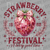 Pink strawberry shaped like a disco ball with a pink bow and text Strawberry Festival A Berry Good Time DTF transfer ready to press.