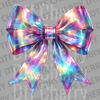 Vibrant holographic bow with iridescent pink, blue, and yellow light reflections DTF transfer ready to press.