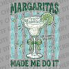 Detailed margarita glass with a green bow and lime slice on a blue striped background with text Margaritas Made Me Do It DTF transfer ready to press.