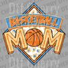 Basketball Mom text with a basketball and blue leopard print pattern inside a diamond shape DTF transfer ready to press.
