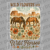 Illustration of two horses grazing in a field of wildflowers with a desert canyon background and text Wild Flowers and Wild Horses DTF transfer ready to press.