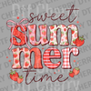 Colorful SUMMER text with strawberry, gingham, and floral patterns featuring a pink bow and text Sweet Summer Time DTF transfer ready to press.