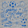 Royal blue soccer icons collage with a bow and text Game Day DTF transfer ready to press.