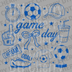 Royal blue soccer icons collage with a bow and text Game Day DTF transfer ready to press.