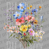 Vibrant watercolor bouquet of wildflowers in blue, pink, and yellow with green leaves DTF transfer ready to press.