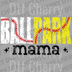 Distressed Ballpark Mama text with half baseball and half softball patterns and stitches DTF transfer ready to press.