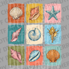 Grid of nine different seashell illustrations in color blocks of orange, pink, yellow, and teal DTF transfer ready to press.