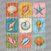 Grid of nine different seashell illustrations in color blocks of orange, pink, yellow, and teal DTF transfer ready to press.