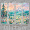 Four vertical panels of an oil painting mountain landscape with wildflowers and the text Fearfully and Wonderfully Created Psalm 139:14 DTF transfer ready to press.