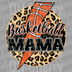 Basketball Mama text with a basketball textured lightning bolt on a leopard print circle background DTF transfer ready to press.