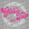 Circular pink and white design saying Girl's Trip 2026 Cheaper Than Therapy with an airplane icon DTF transfer ready to press.