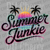 Retro sunset with pink and orange gradients, palm tree silhouettes, and bold text Summer Junkie DTF transfer ready to press.
