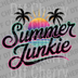 Retro sunset with pink and orange gradients, palm tree silhouettes, and bold text Summer Junkie DTF transfer ready to press.