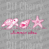Pink monochromatic illustration of a smiling sea turtle, seashell, and starfish with text Summer Vibes DTF transfer ready to press.
