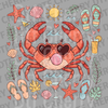 Illustration of a crab wearing heart sunglasses and blowing bubblegum surrounded by cocktails and beach icons DTF transfer ready to press.