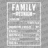 White nutrition facts label design for a Family Reunion featuring laughs, embarrassing stories, and eye rolls DTF transfer ready to press.