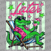 Vibrant illustration of an alligator in sunglasses and a floral shirt lounging with a cocktail and the text Later DTF transfer ready to press.