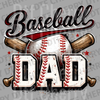 Bold Baseball Dad text with crossed bats and baseball illustration in a vintage distressed style DTF transfer ready to press.