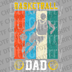 Vintage retro basketball player silhouette with orange, cream, and teal vertical stripes and text Basketball Dad DTF transfer ready to press.