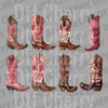 Collage of eight different cowboy boots in pink and brown with floral embroidery patterns DTF transfer ready to press.