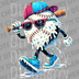 Cool baseball mascot character with sunglasses and snapback hat in a blue and pink dripping drip style DTF transfer ready to press.