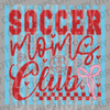 Distressed red Soccer Moms Club text with a pink bow and blue striped background DTF transfer ready to press.