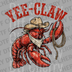 Illustration of a red lobster wearing a cowboy hat and bandana holding a lasso with text Yee-Claw DTF transfer ready to press.