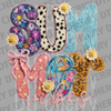 High-definition 3D look summer text made of faux knitted patches with flowers, leopard print, and a pink yarn bow DTF transfer ready to press.