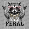 High-detail illustration of a raccoon wearing pink glitter sunglasses and pearl necklaces making a rock sign with the text FERAL DTF transfer ready to press.