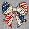Distressed baseball bow with American flag pattern and red stitches DTF transfer ready to press.