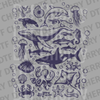 Detailed monochromatic collage of ocean animals including a whale, shark, dolphin, octopus, and turtle with bubbles DTF transfer ready to press.