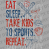 Distressed text Eat Sleep Take Kids to Sports Repeat with baseball bats and glove illustration DTF transfer ready to press.